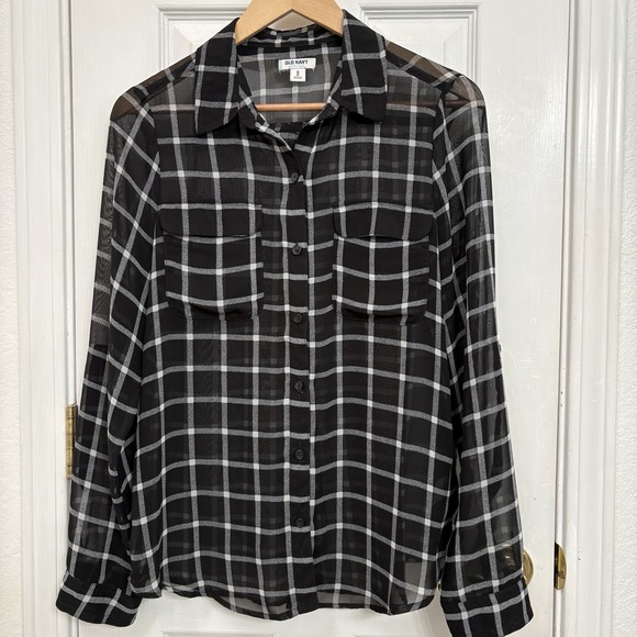 Old Navy Sheer Windowpane Blouse Black White Grid Plaid 90s Office Siren Med - Picture 3 of 8